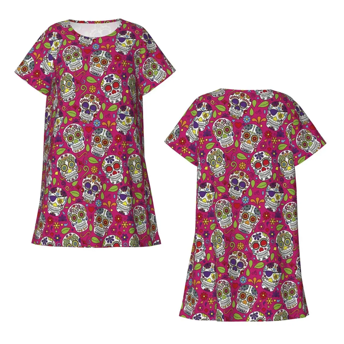 Sugar Skull Mexican Flower Halloween Day Short Sleeves Nightdress For Sleeping Women Short Sleeve Nightgowns Soft Pajama Dress