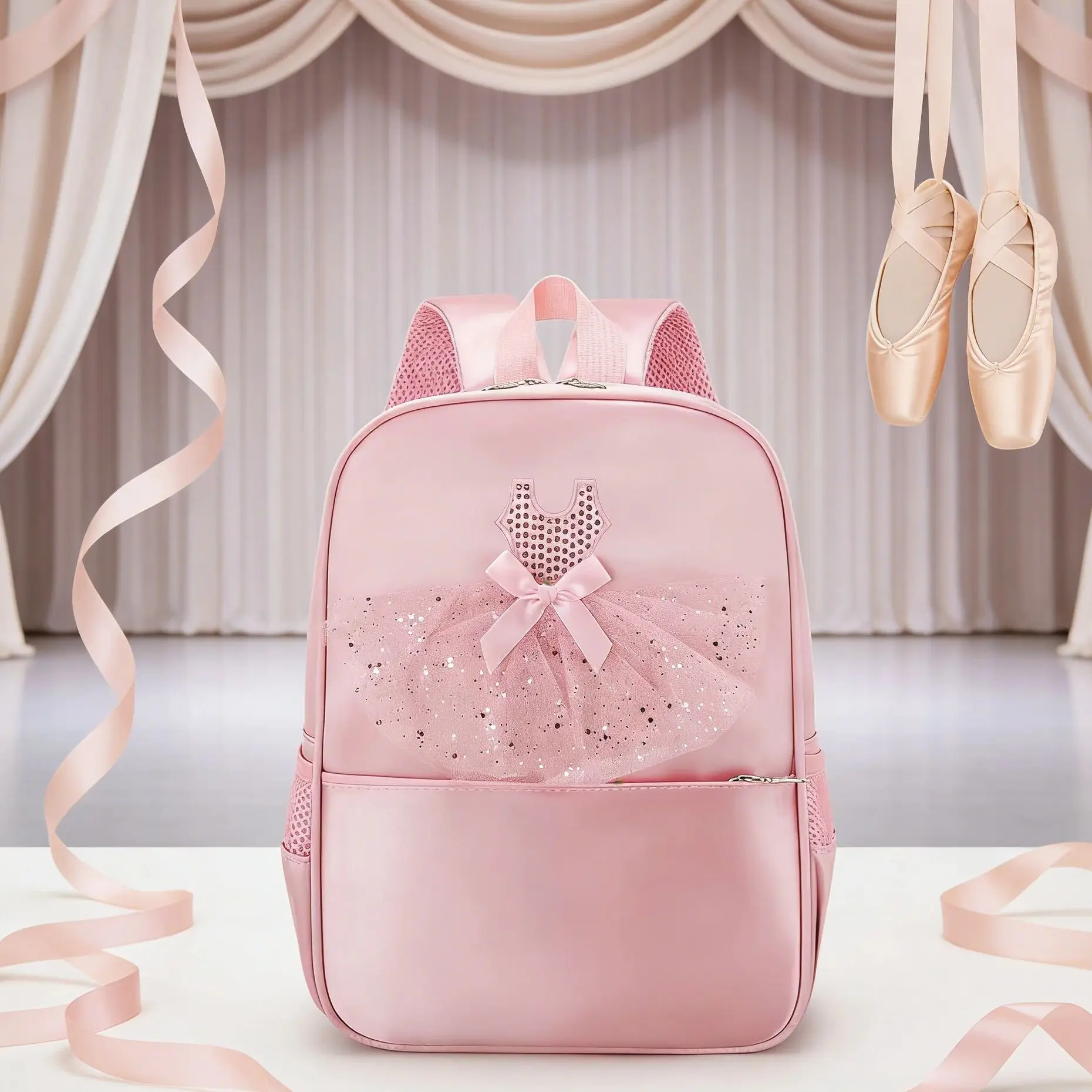 

Children's dance backpack/school bag, pink ballet dance storage bag with a beautiful princess-style bow and skirt design.