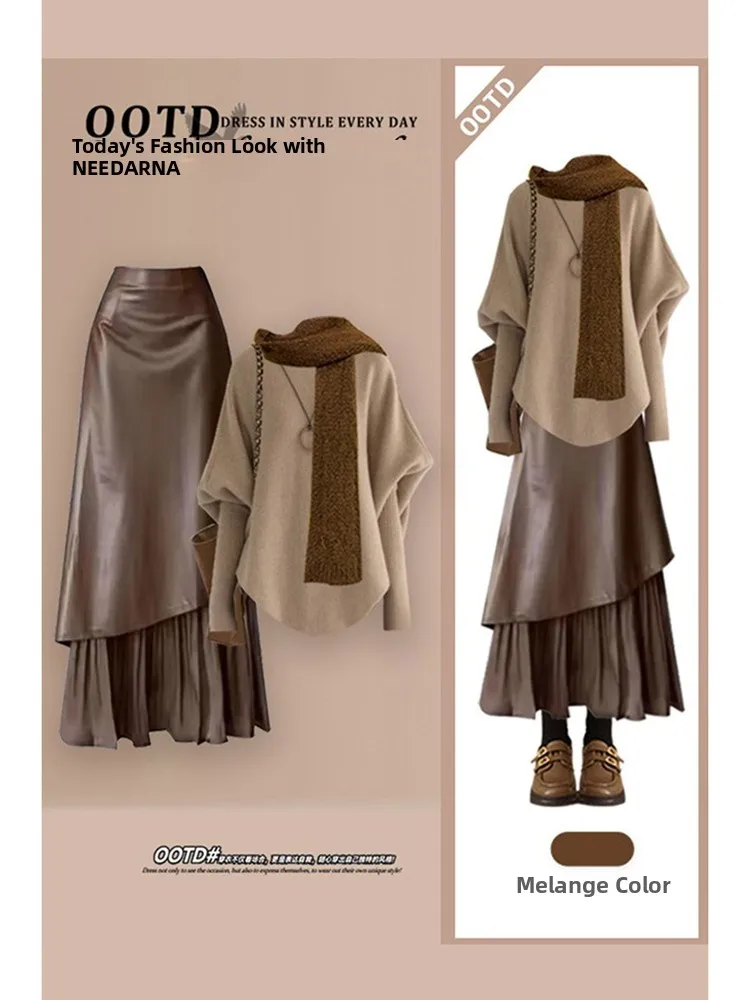 

Faionable Batwing Sve Sweater And Skirt Set for Women High Waist round Ne Long Sve Color Winter Outfit