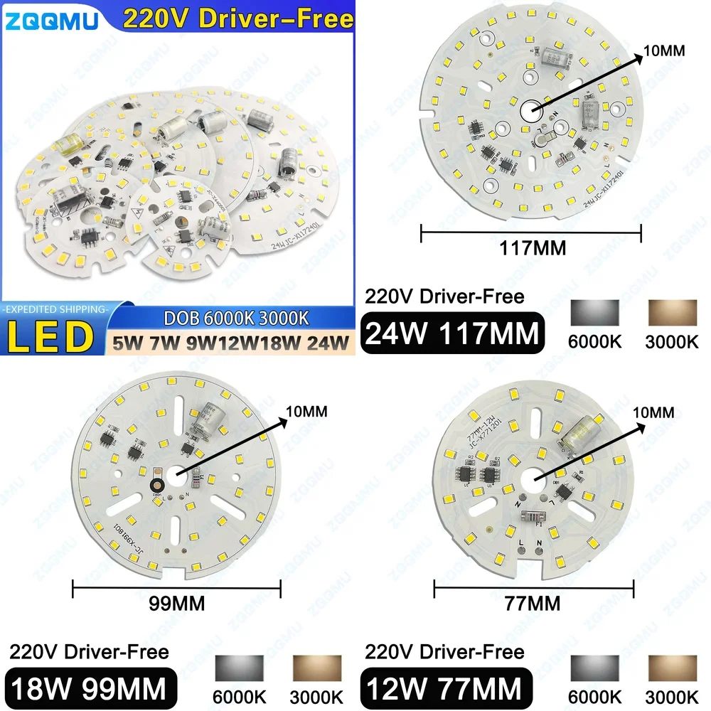 LED 5W 7W 9W 12W 18W 24W SMD2835 DOB AC220V Chip Board Downlight 3000K 6000K Warm White Driver Free Bulb for Home Lighting
