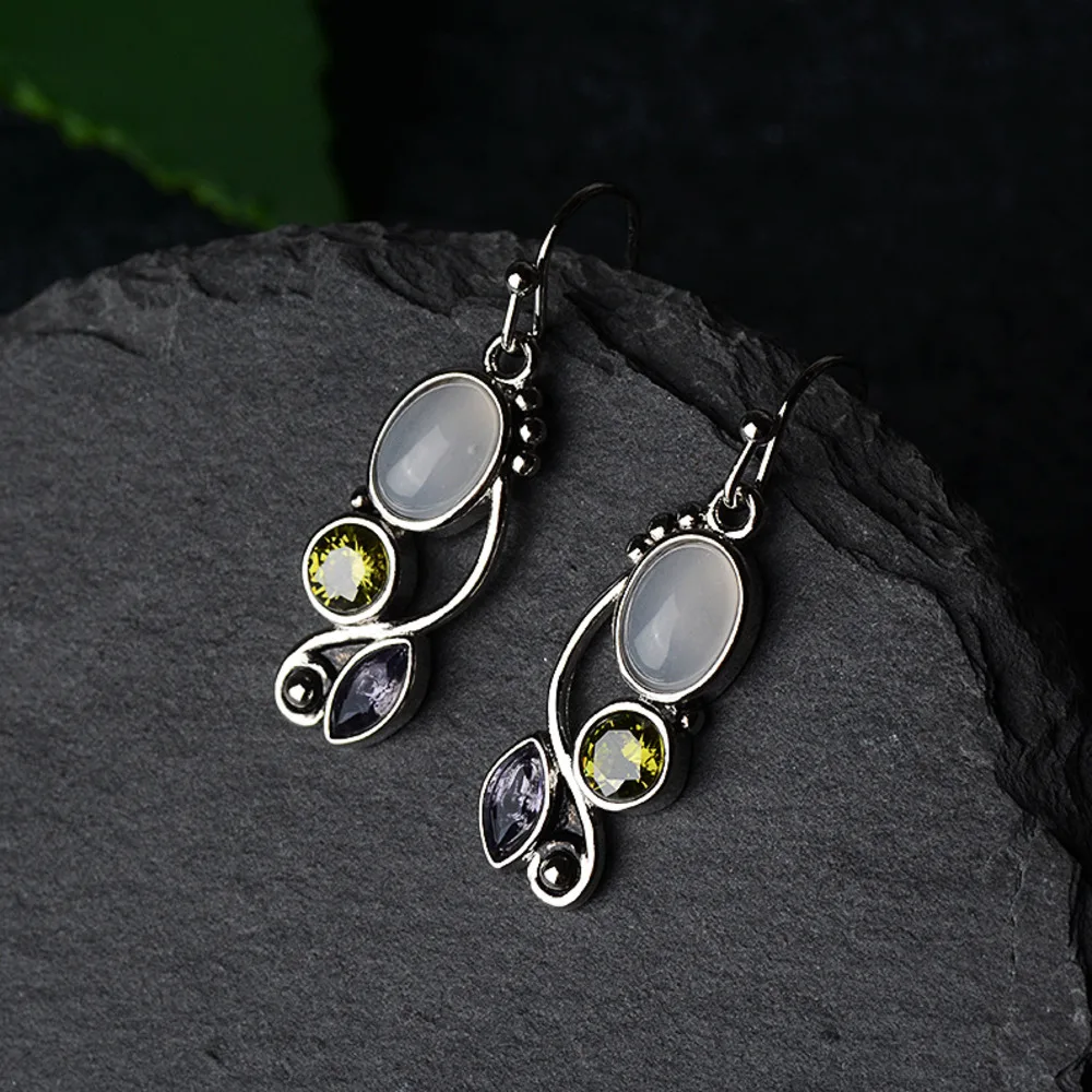 WOSIKATE Vintage 925 Sterling Silver Moonstone Earrings For Women Colorful Zirconia Gemstone Drop Earrings Fashion Jewelry