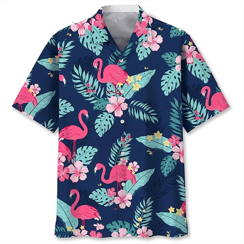 

Anime Cartoon Flamingo Funny Shirt For Men Retro Plant 3D Print Leisure Quickly Dry Button Shirts Summer Street Popular Blouse