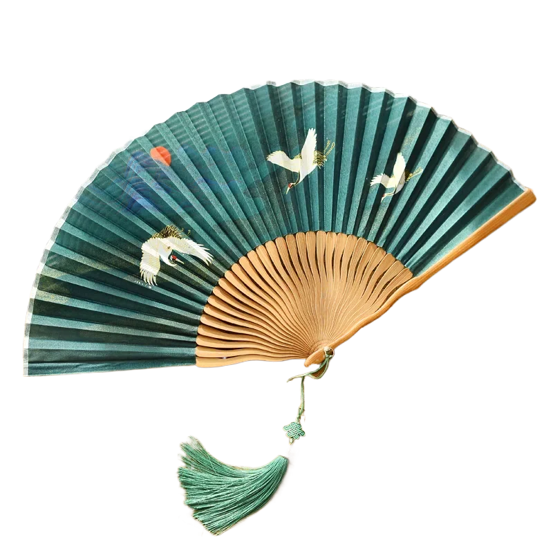 Vintage China-Chic Cheongsam Hanfu Fan Ancient Style Cloth Handmade Bamboo Ribs Folding Fan Dance Performance Portable Hand Fan