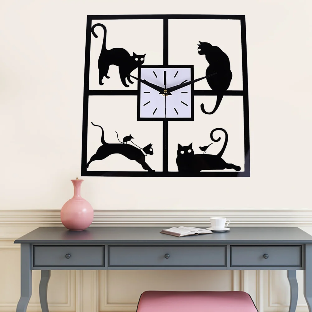

Square Cat Wall Silent Cartoon Animal Quartz Clock For Bedroom Room Decor Black Operated Non Ticking Wall Clock