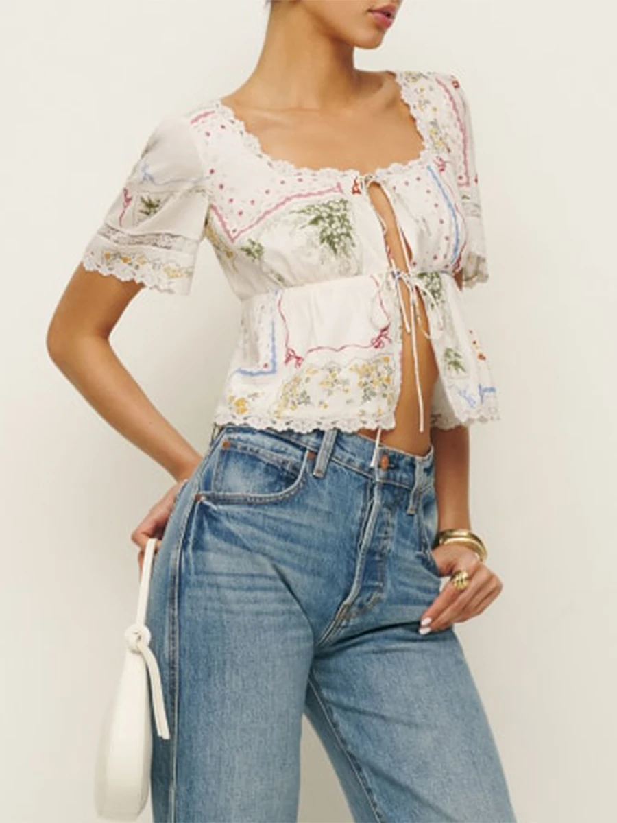 Women Short Sleeve Shirts Lace Trim Floral Print Tie-Up Front Fashion Blouses Summer Casual Tops Streetwear