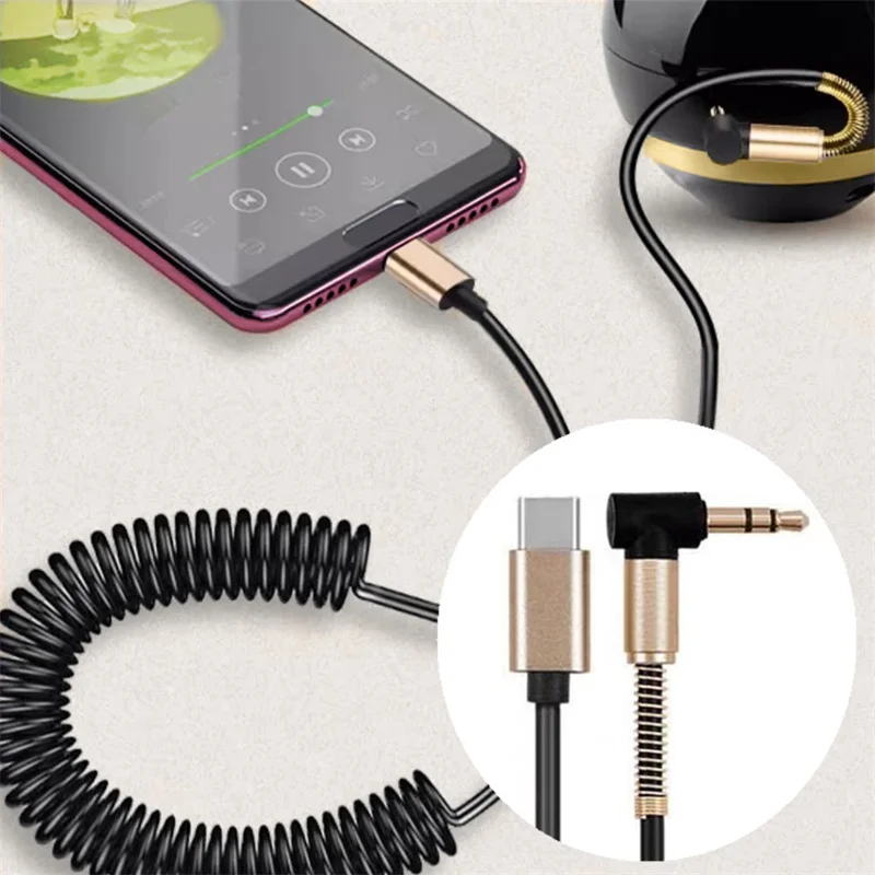 Spring Spiral Coiled USB C to 90 Degrees 3.5mm Extension Headphone Audio Aux Jack Stereo Cord Car Cable for Smartphone Device