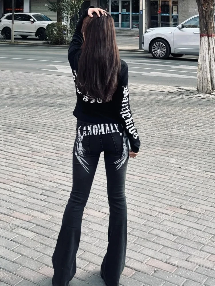 

Gothic Streetwear Low Rise Jeans Y2K Hot Girl Sexy Slim Fit Black Straight Leg Slight Flare Dark Sweet Punk Pants