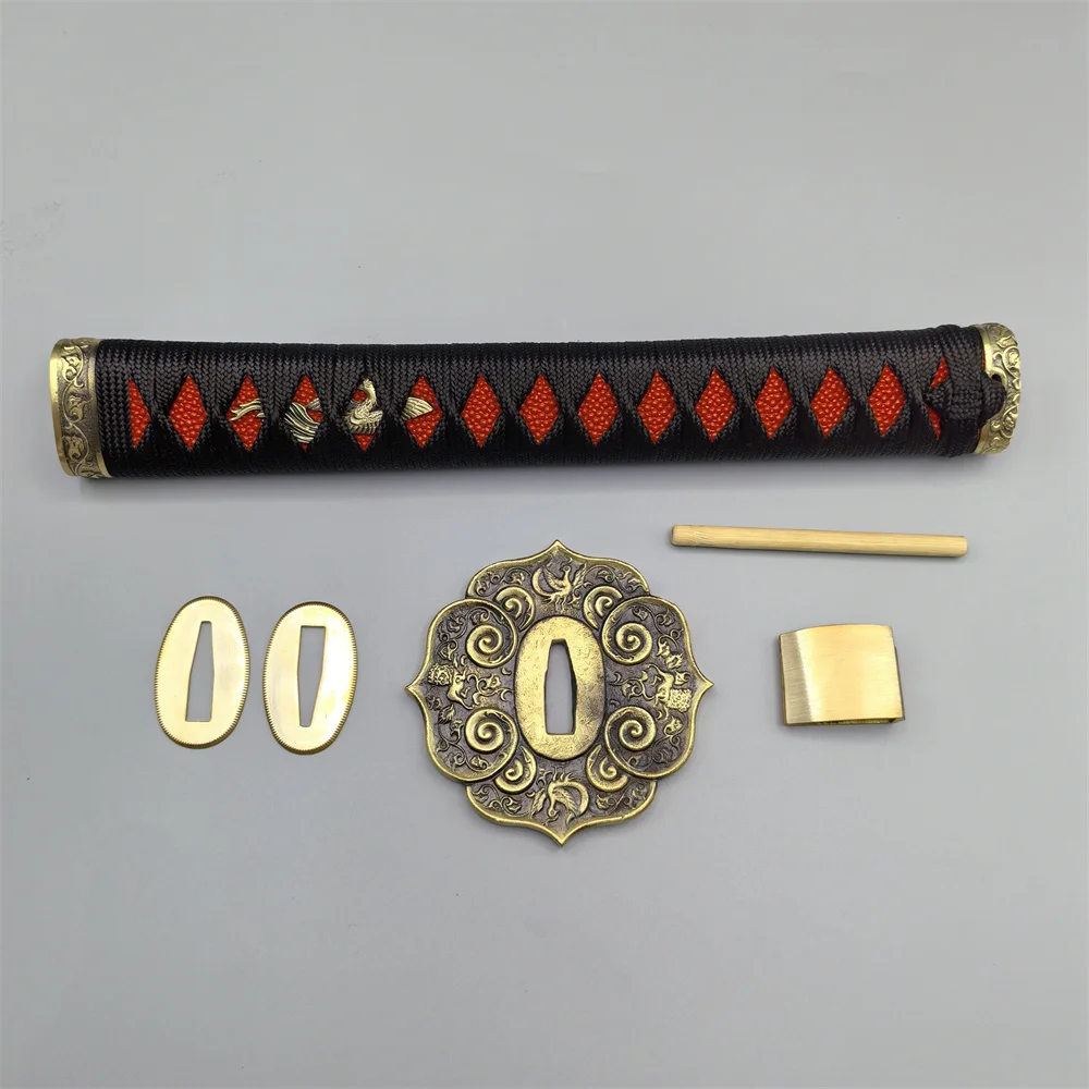 Black Ito Tsuka Handle Real Katana Japanese Samurai Sword Wakizashi Fittings Set Brass Tsuba+Menuki+Fuchi+Kashira+Habaki+Seppa