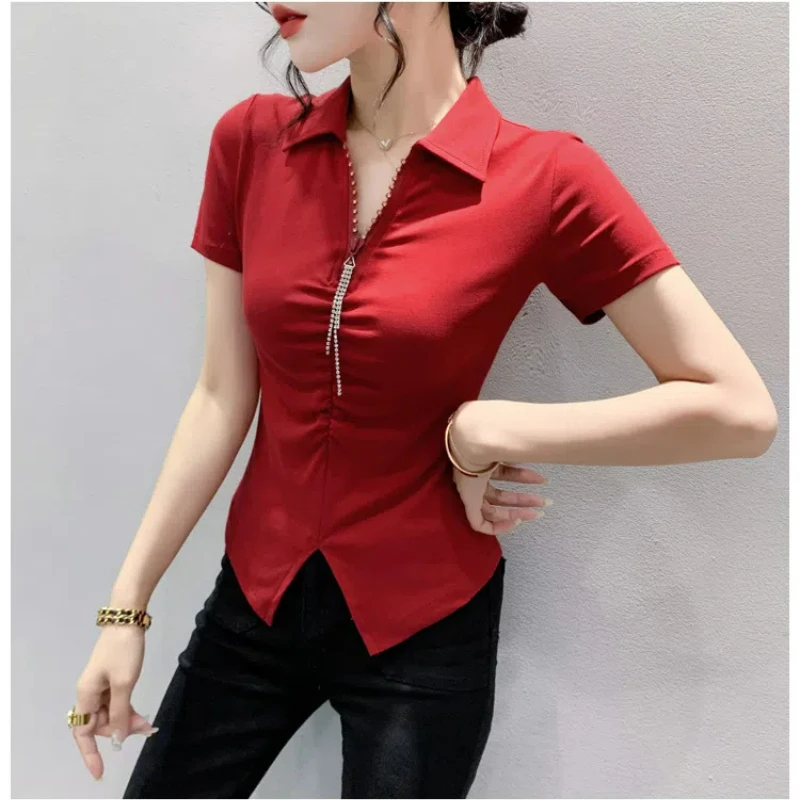 Summer New Design Fashion Korean Temperament Simple Polo Collar Short Sleeve T-shirt Women\'s Zipper Patchwork Folds Slim Fit Top