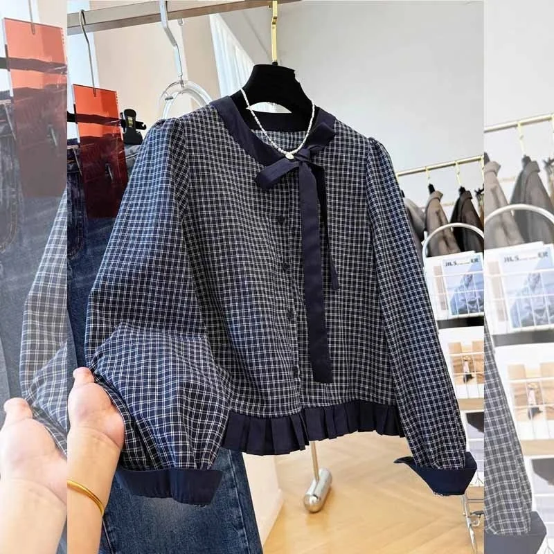 

Slimming Plaid Knot Long Sleeve Women's Shirt Spring Autumn New Style Fashionable Loose Fit Polyester Blend Blouse