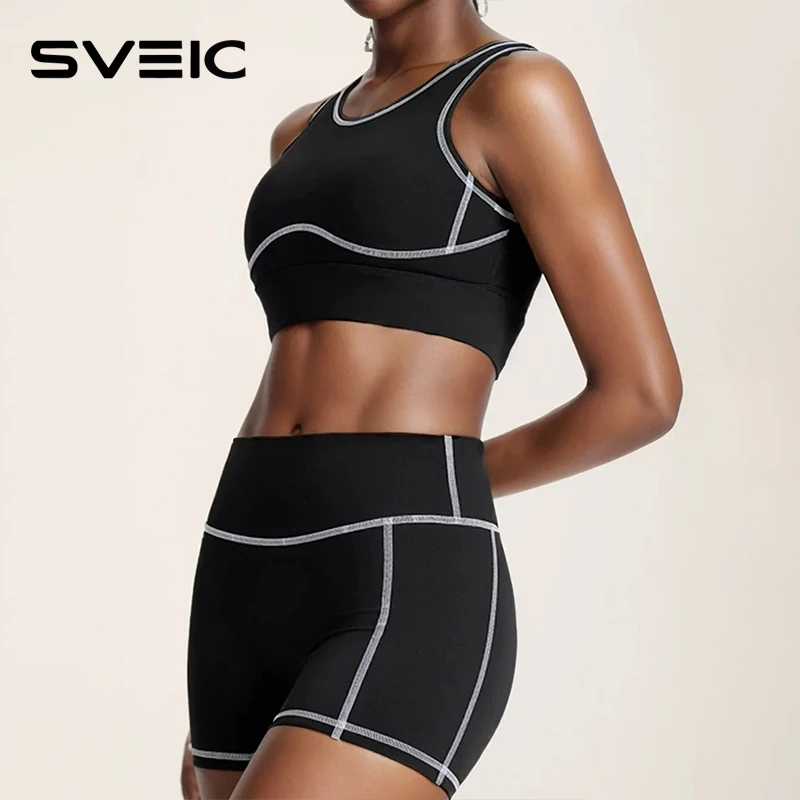 

SVEIC Комплекты шорт для йоги, спортивные бюстгальтеры, женские контрастные цвета, костюмы из двух предметов для фитнеса, топы для тренировок на бретелях, женская одежда для бега в тренажерном зале