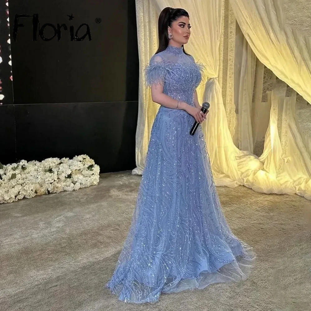 Arabic Blue Elegant A Line Celebrity Dress Feather Short Sleeve Formal Prom Dress Women Host Gowns Evening Event Dress Dubai