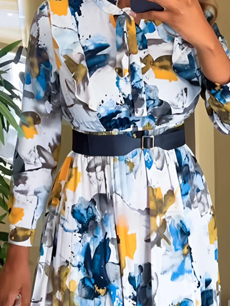 Femmes mode taille plissée robe de soirée motif élégant imprimé nœud à lacets robe longue 2025 Sexy col en v à manches longues robe de vacances