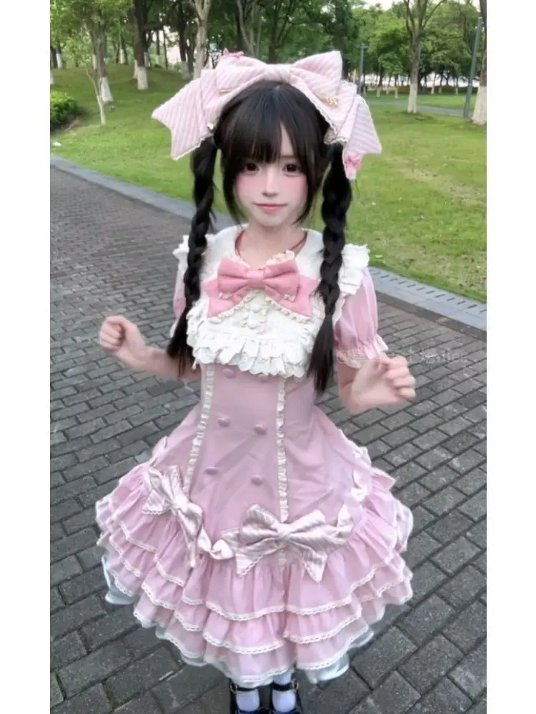 Sweet Lolita Summer Puff Sleeve Ruffle Bow Doll Collar Dresses Female High Waist Cake Skirt Bow Design Dress Sweet Lolita Party image 6