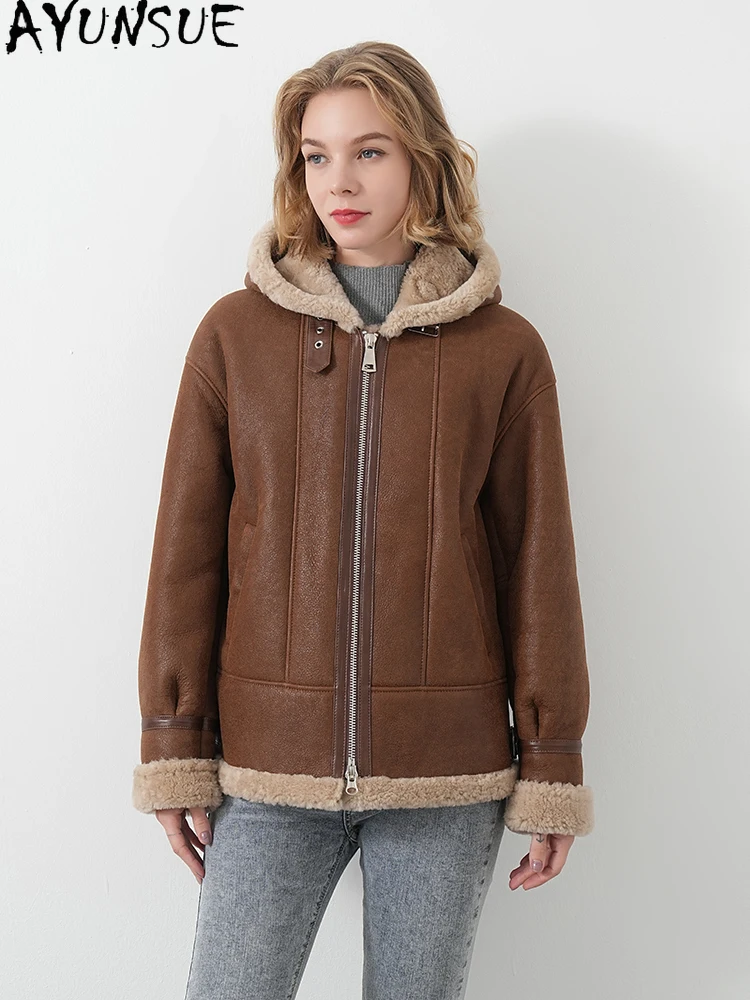 AYUNSUE 2025 Nowa kurtka z polaru damskiego 100% naturalna wełna Kurtki z kapturem dla kobiet Odzież Merino Futrzana kurtka damska Кофта С Мехом