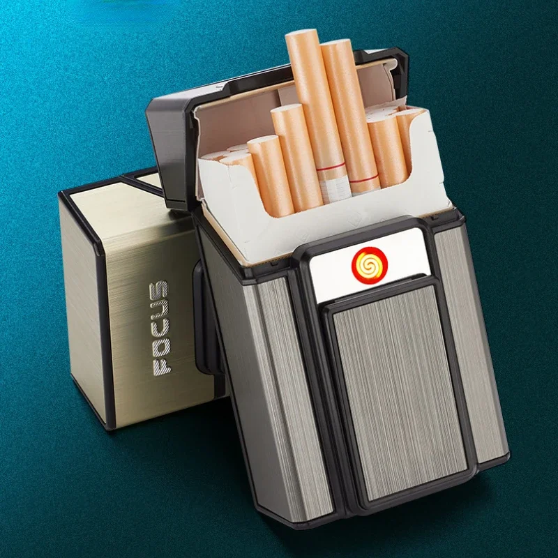 2026 Multi Functional Charging Moisture-proof and Windproof Aluminum Alloy Lighter Case, Can Hold 20pcs of Cigarettes