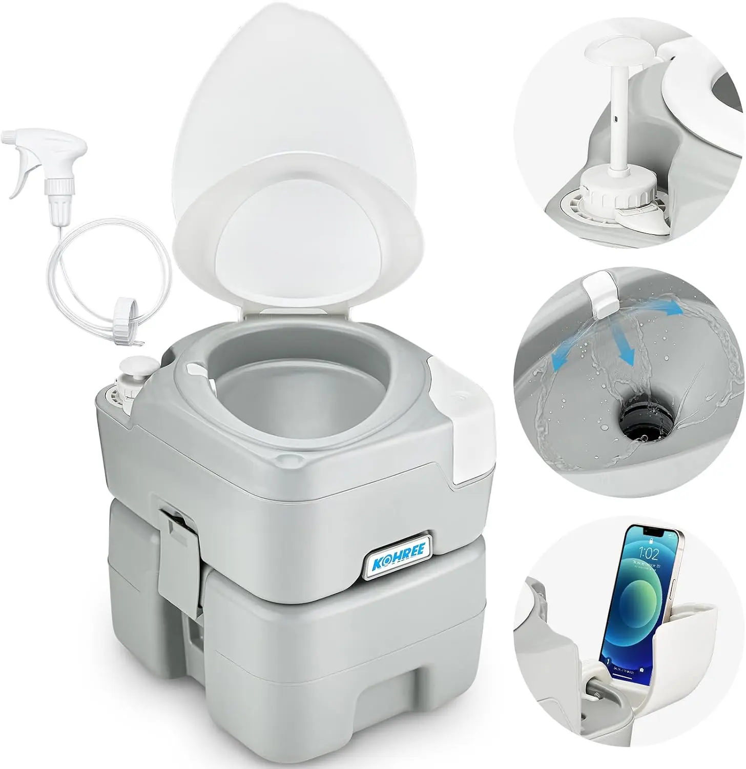 Camping Toilet Portable 5.3 Gal: 20L Porta Potty for Adults with Diagonal Elongated Bowl Seat - Handle Flush Pump Leak-Proof Cas
