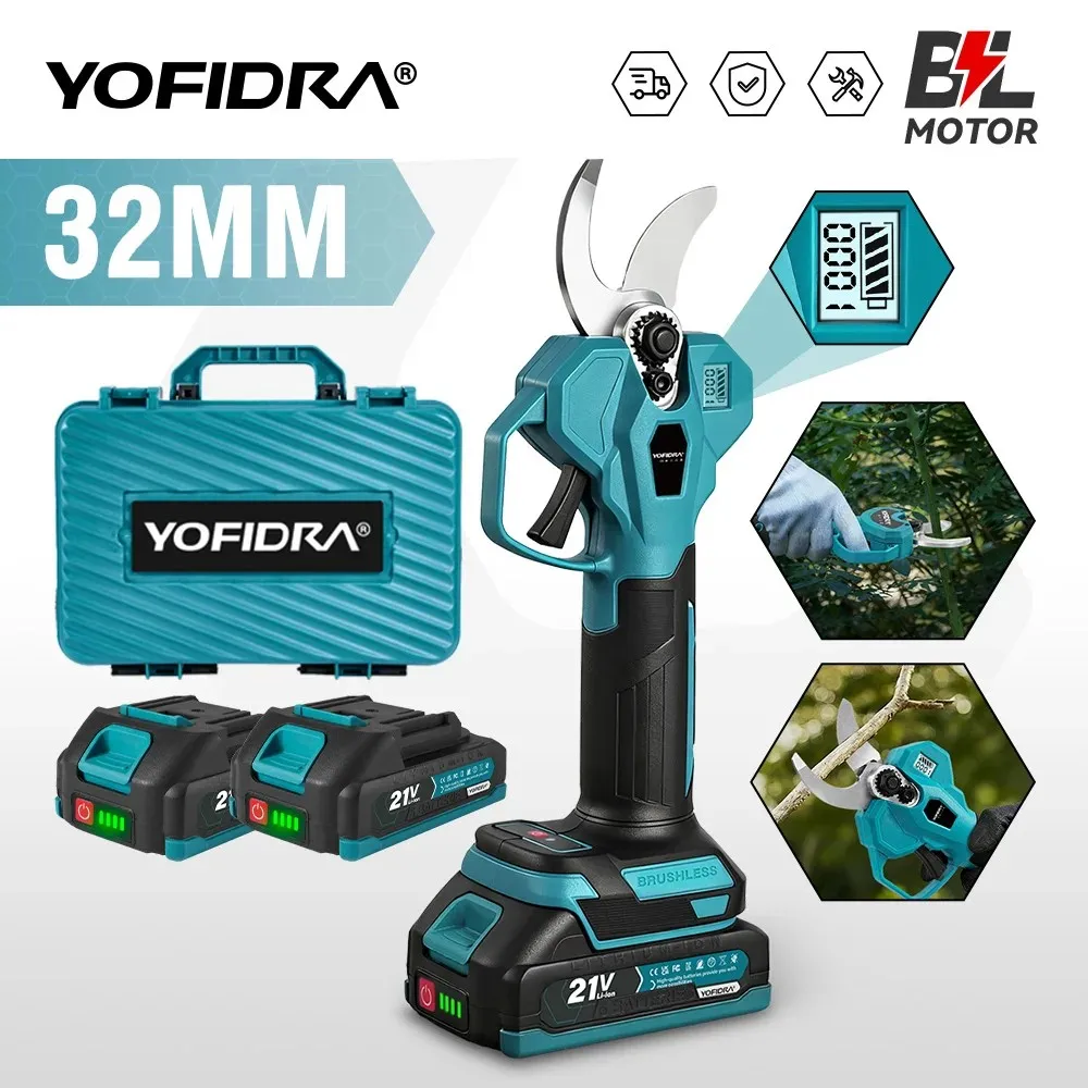 YOFIDRA 32mm Brushless Electric Pruner Shear 2 Gears Cordless Electric Scissors Branches Garden Tool For Makita 21V Battery Pin