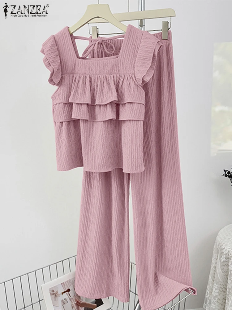 

ZANZEA Women Sets Ruffled Tops Long Pants Casual OL Work Outfits 2025 Square Neck Back Lace-Up Suits Fashion Solid Matching Sets