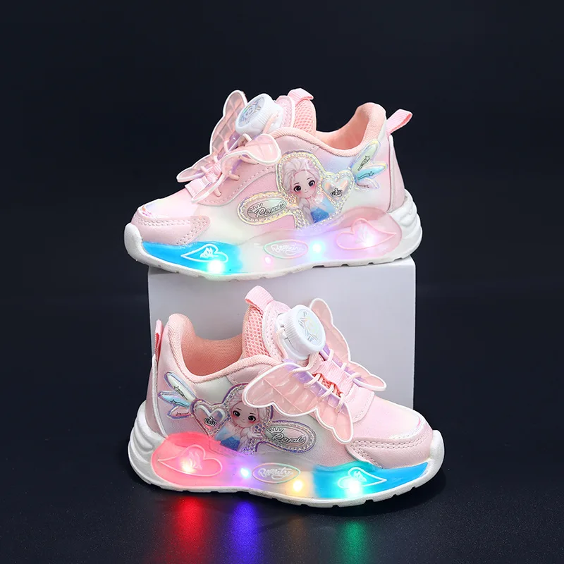 Disney LED Casual Sneakers Spring Girls Frozen Elsa Princess Bowknot Leather Shoes Children Lighted Non-slip Purple Size 21-30