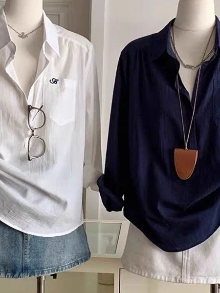 

Loose Fit Long Sve Women's irt Thin Sun Protection Spring Summer Faion Retro Hong Kong Sle Large Size 200 Pou