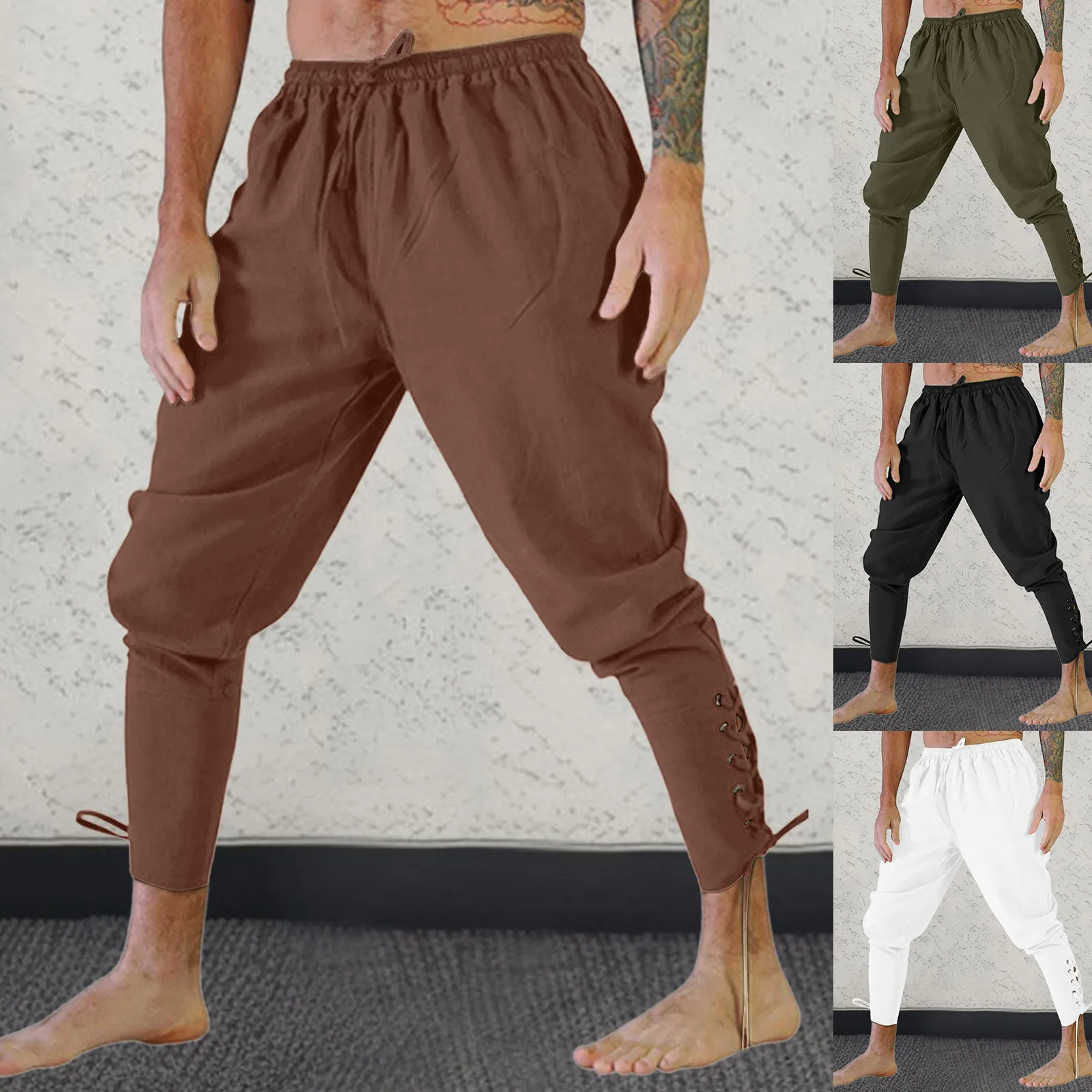 Men Fashion Medieval Pants Viking Pirate Costume Pirate Trousers Lace Up Renaissance Pants Brown Black Plus Size Halloween