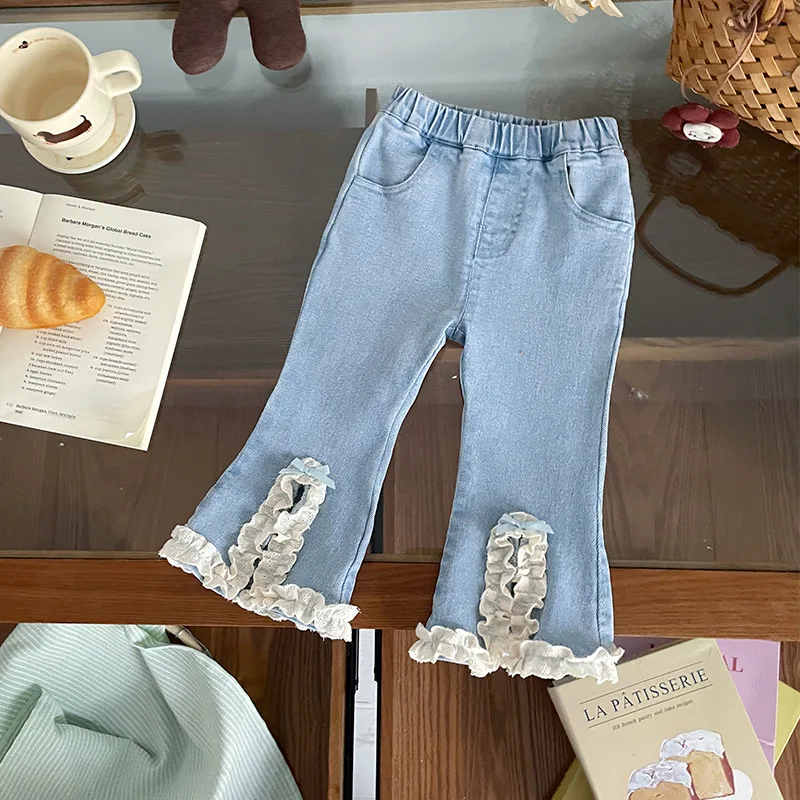 

Fashion Girls' Blue Jeans Spring Summer New High Waist Slimming Bellbottom Pants Lace Splicing Split Denim Trousers