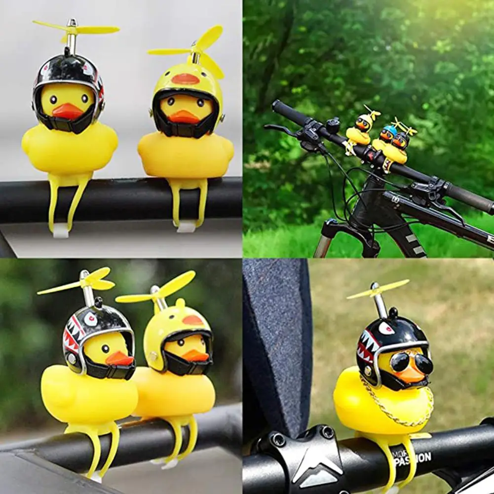 Cute Rubber Yellow Duck With Helmet Kids Bike Cute Decor Duck Bicycle Horns With Propeller Helmet Outdoor Cycling Accessories