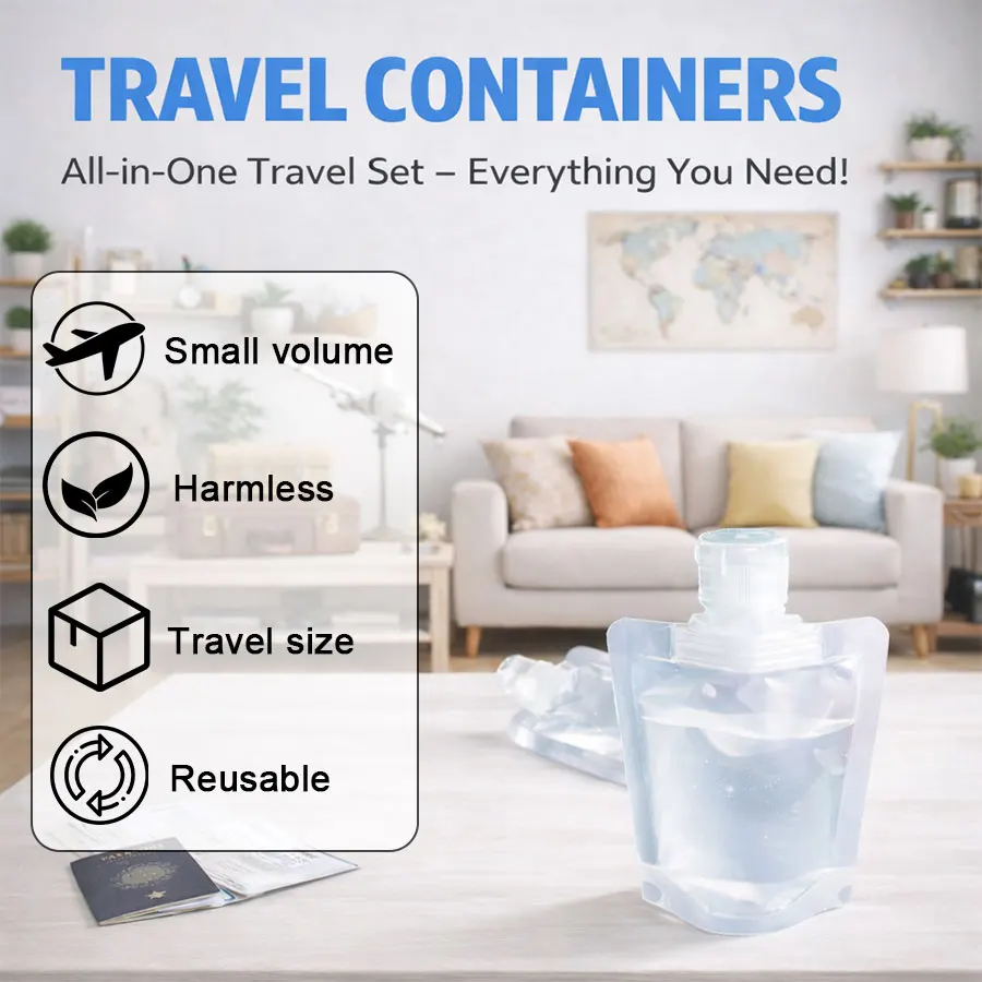 5 Pack Travel Size Toiletry bags, 30/50/100ml Refillable Stand-Up Liquid Containers for Shampoo, Conditioner & Lotion