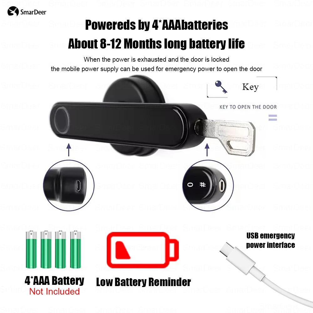 SmarDeer Electronic lock for Tuya Smart Lock Indoor BLE Fingerprint Lock with 60/70mm Latch Smartlife/Tuya APP Remote Unlock