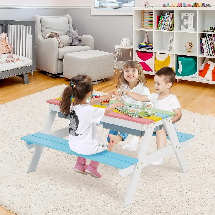Mesa de picnic Mesa de picnic para niños pequeños 3 en 1 con paraguas de altura ajustable Mesa para exteriores con mesa desmontable y juego extraíble B