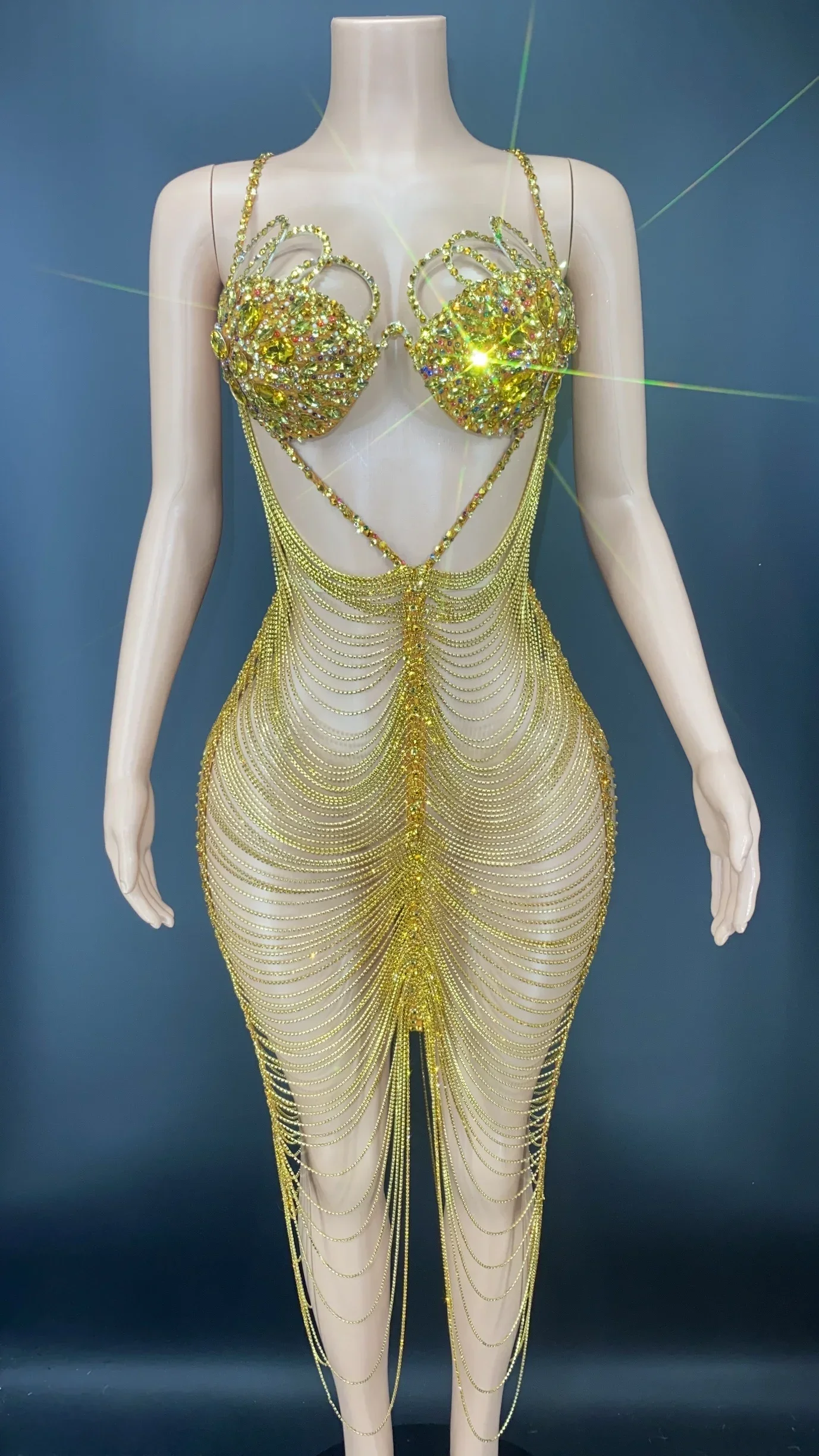 Sexy Stage Gold Crystals Chains Costume Outfit Hollow Rhinestones Dress Evening Birthday Celebrate Wedding Prom Party Dress