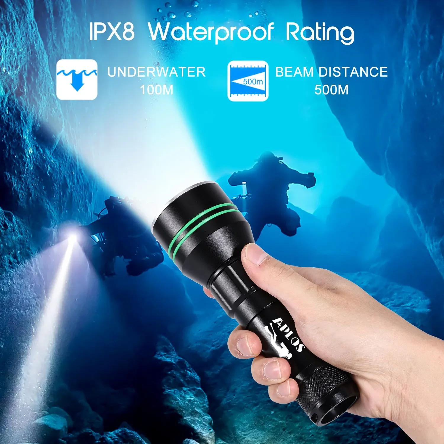 APLOS AP50 Scuba Diving Flashlight P70 Super Bright 5000lm 26650 Battery Dive Torch 110m Underwater IPX-8 Dive Lamp Lantern