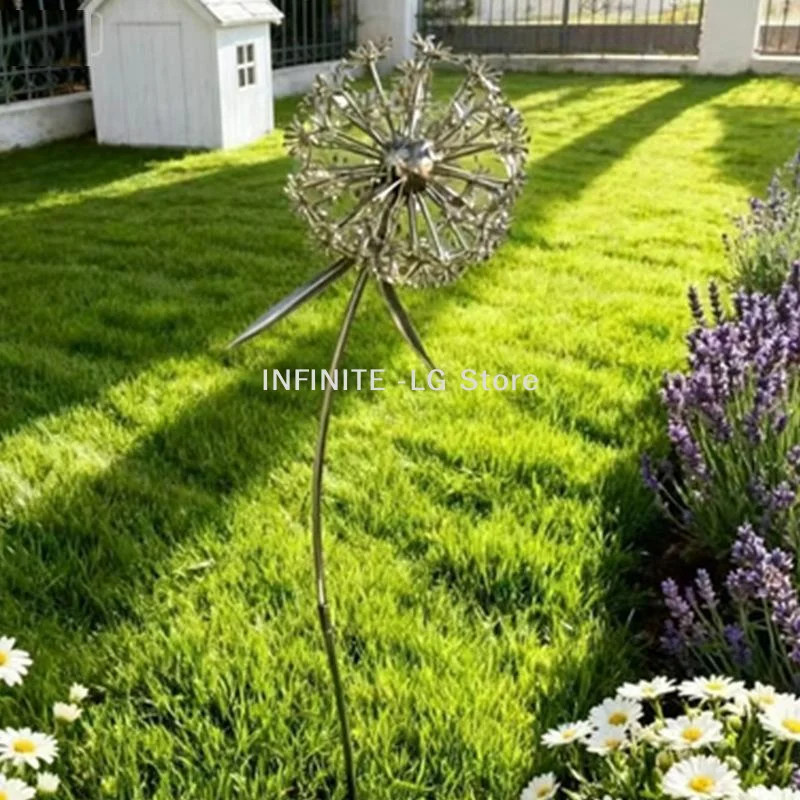 Rustic Metal Dandelion Garden Decor Silver Wrought Iron Flower Stake Durable Outdoor Art Sculpture For Patio Yard & Landscape
