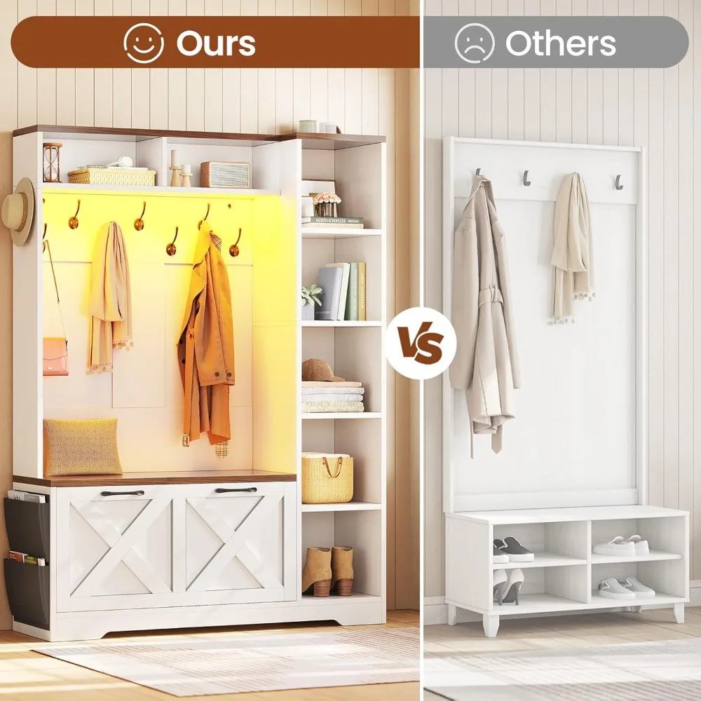 ベンチと靴箱付きハンガー、玄関ベンチ、フリップ引き出し付き靴箱、7段棚