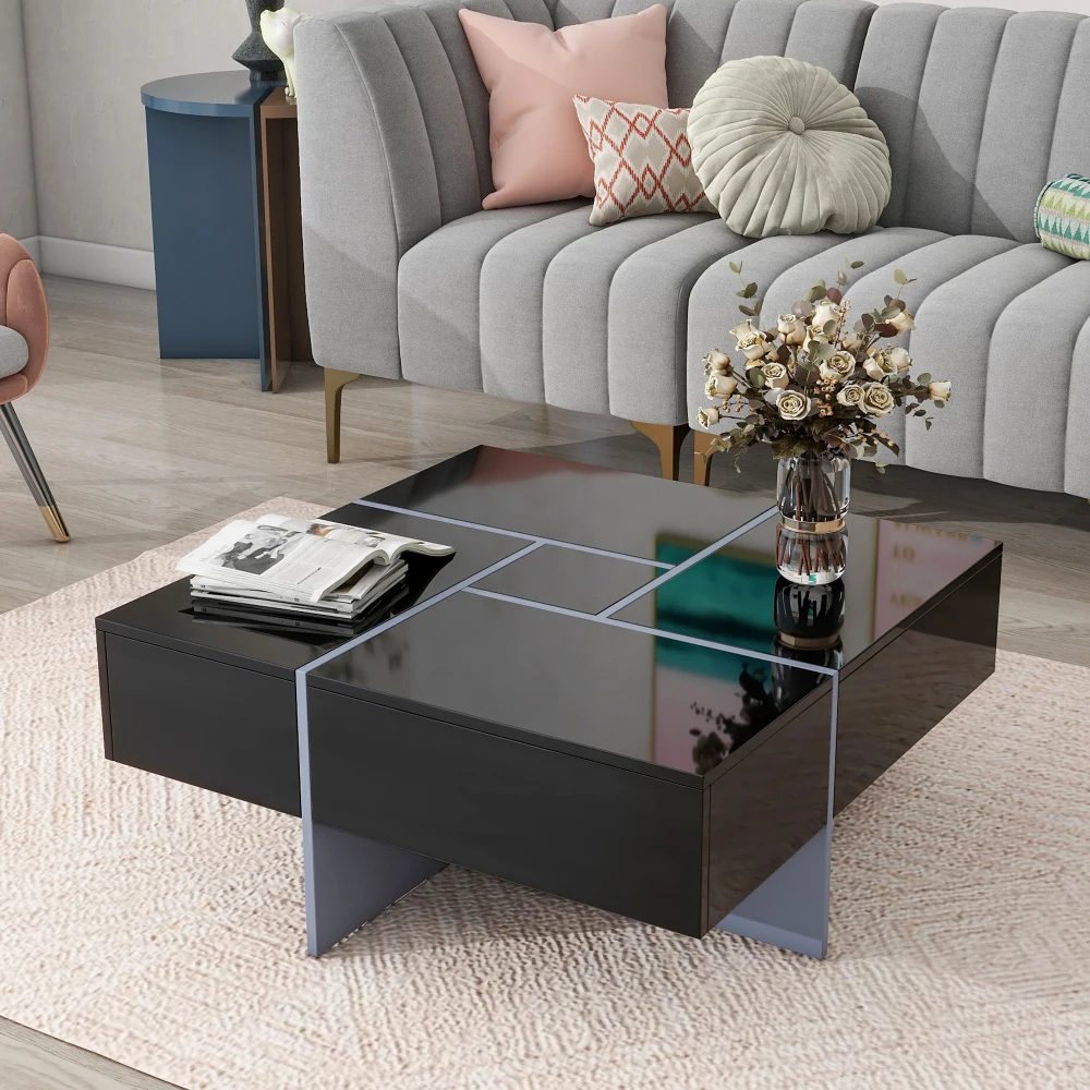 Modern Coffee table with 4 hidden storage compartments, square cocktail table with retractable sliding top，For living rooms