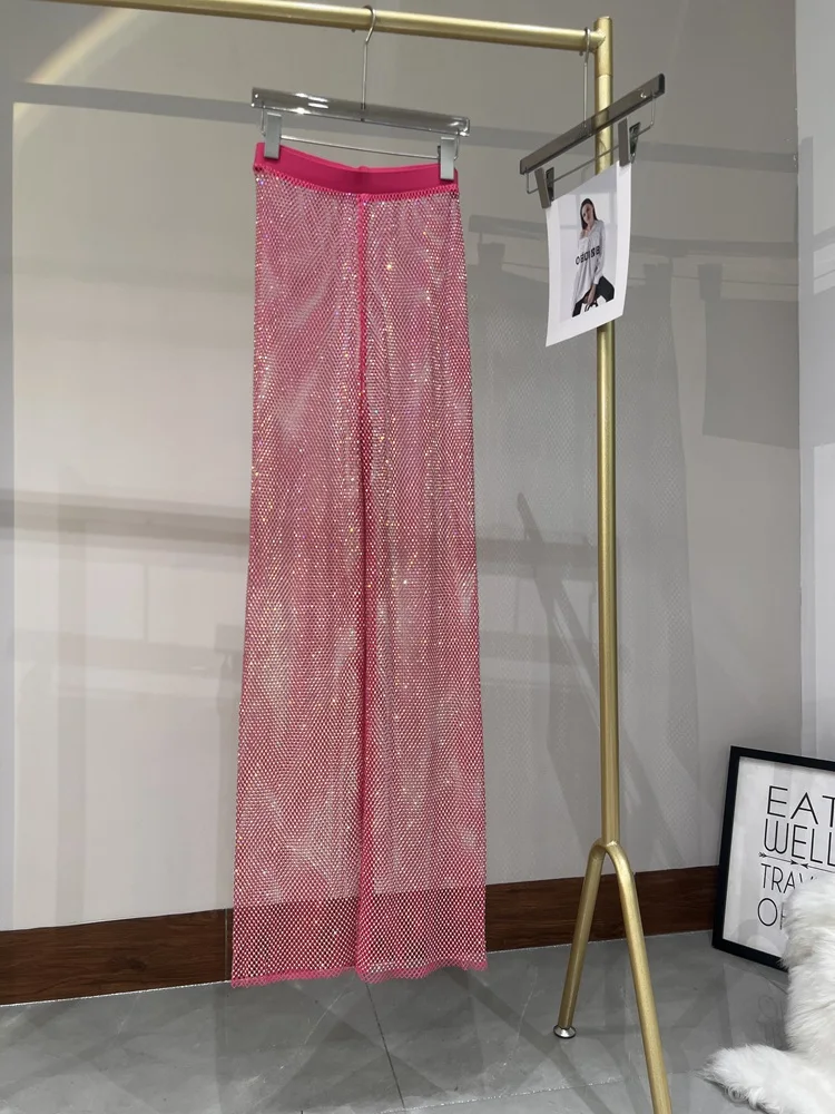 Sommer Sexy ausgehöhlt europäischen und amerikanischen Wind AB Farbe Diamant Flash Grid Strass weitbeinig Hosen Nachtclub