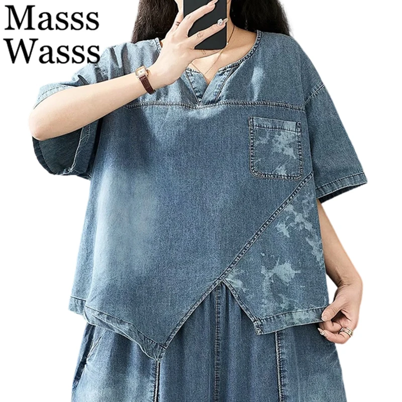 

Женские джинсовые футболки Masss Wasss 2026 в японском винтажном стиле: классические элегантные свободные топы для летнего повседневного образа