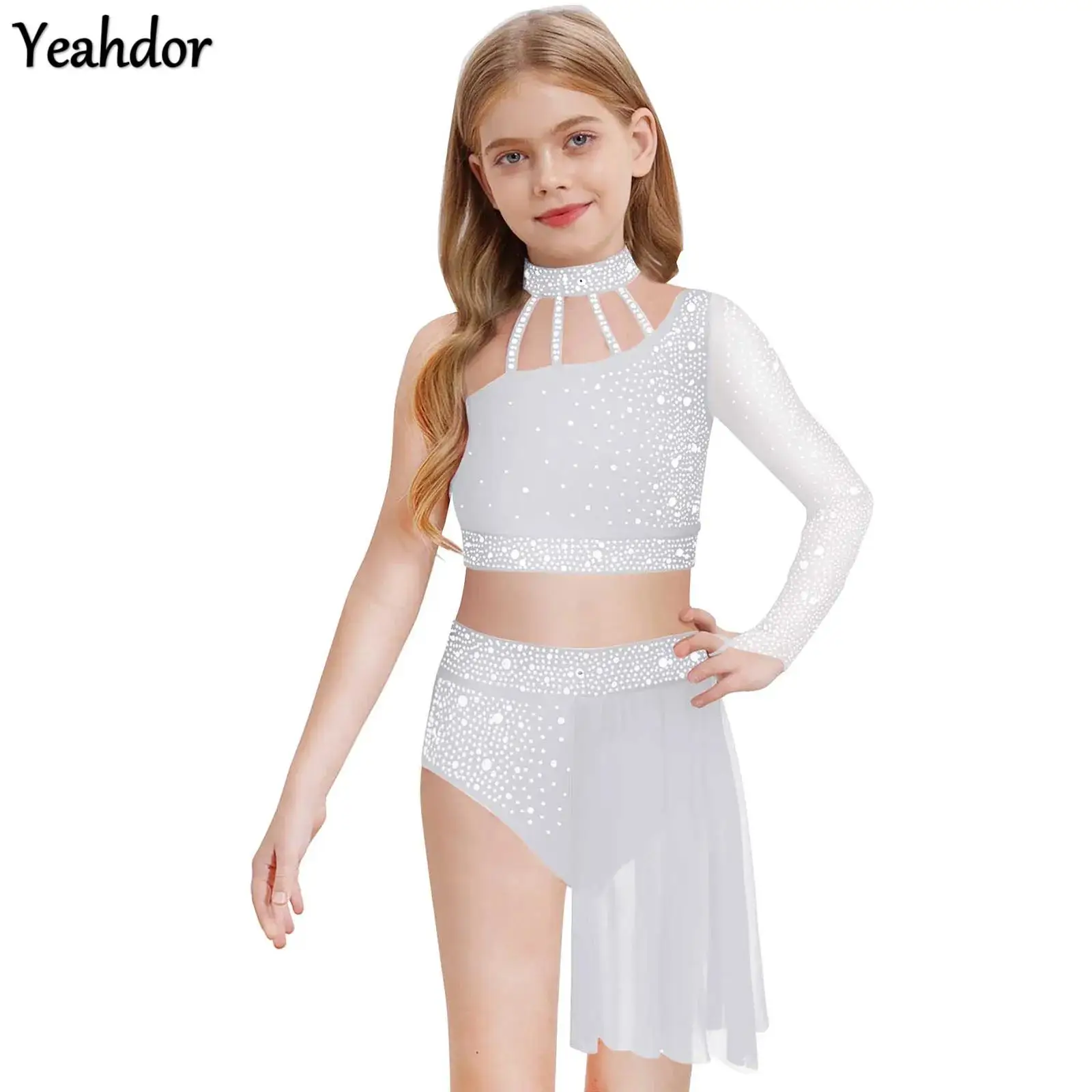 

Girls Lyrical Dance Outfit One Shoulder Rhinestone Crop Top with Skirts Modern Contemporary Ballet Gymnastics Skating Dancewear