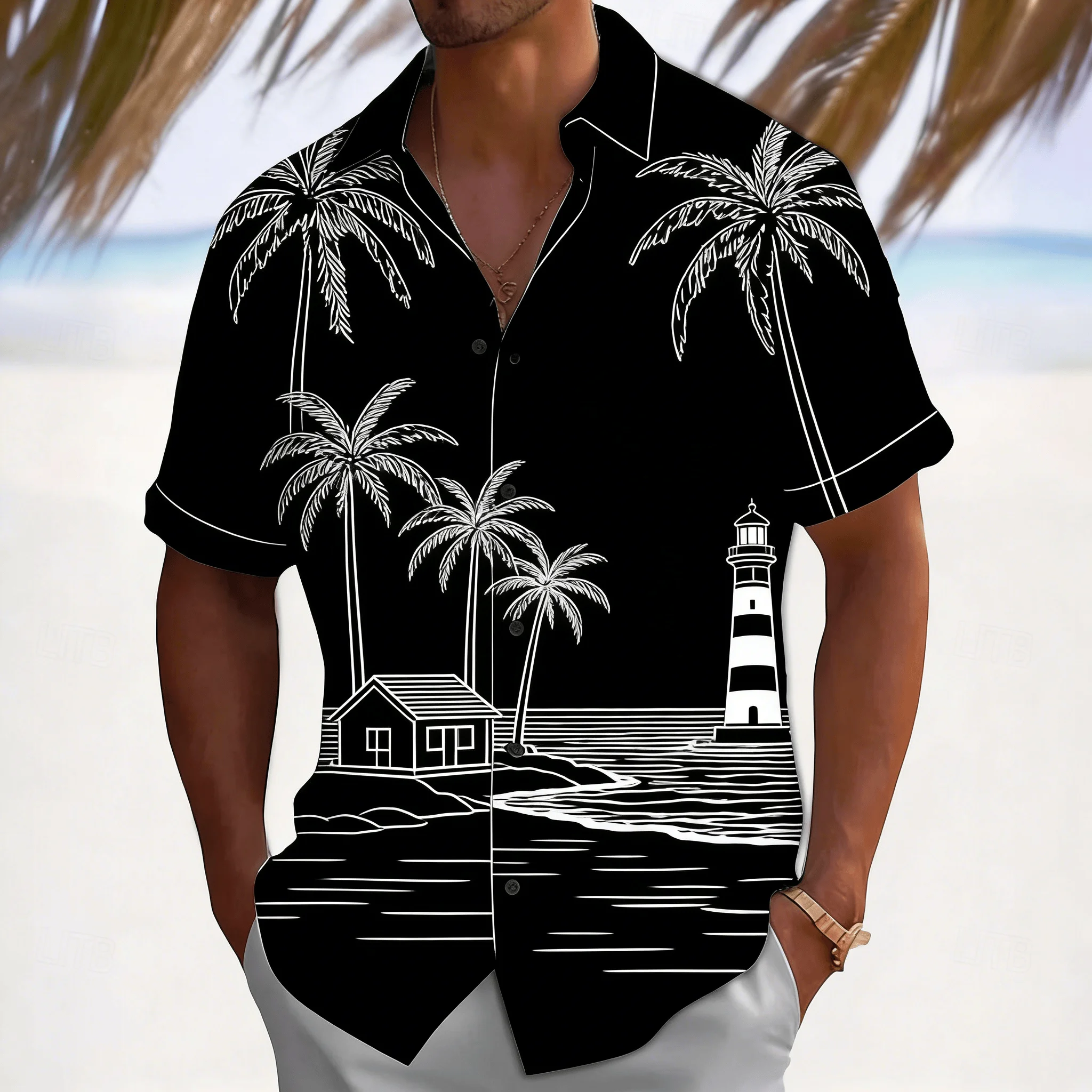 

Men's Lighthouse & Palm Tree Print Short Sleeve Shirt, Black White Nautical Scene Button Down for Spring Summer Casual