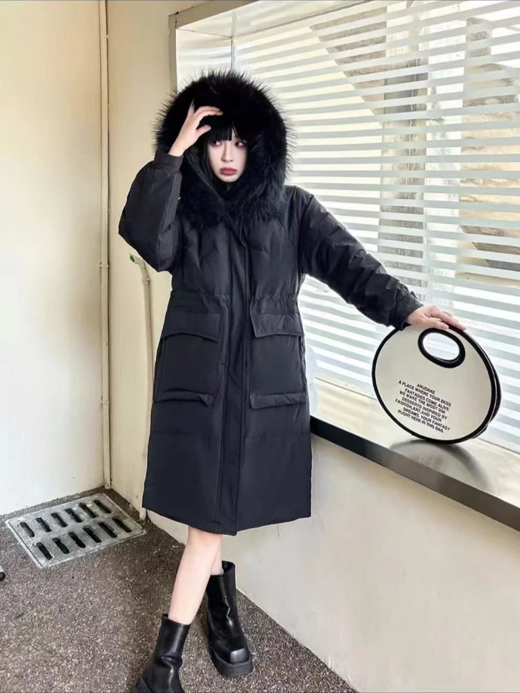 Women Long Winter Natural Fur Coat Fur Collar Belted Multi Pockets Zipper Loose Fit Outerwear Casual Luxury for Cold Weather