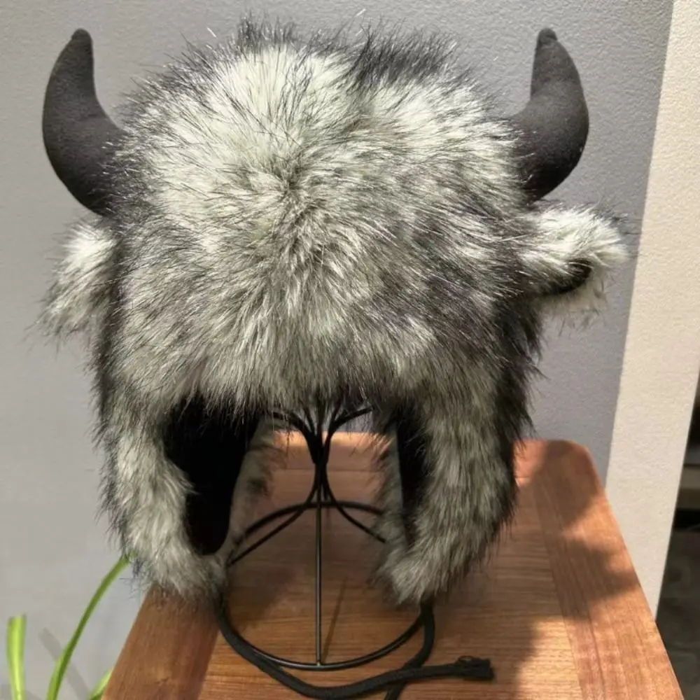 

High Quality Unisex Bullhead Plush Hat with Horns Fluffy Earflap Hat Windproof Thick Cotton Hat