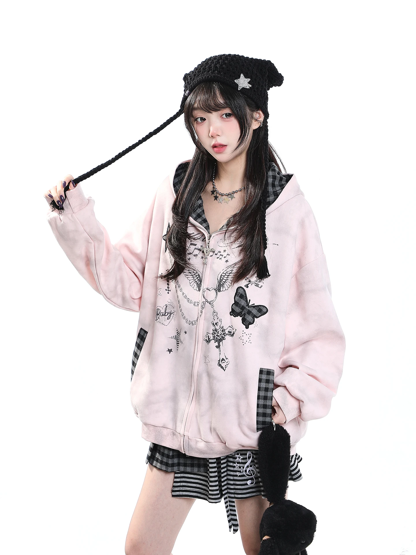 Sweet Cool Y2K Cartoon Printed  Ear Hoodie Women's Loose Casual Design Outerwear Autumn Lazy Style Long Sleeve Zipper