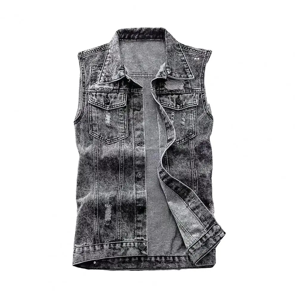 Comfortable Men Vest Men's Denim Waistcoat with Lapel Ripped Holes Single Breasted Vest Coat with Flap Pockets High Street Style