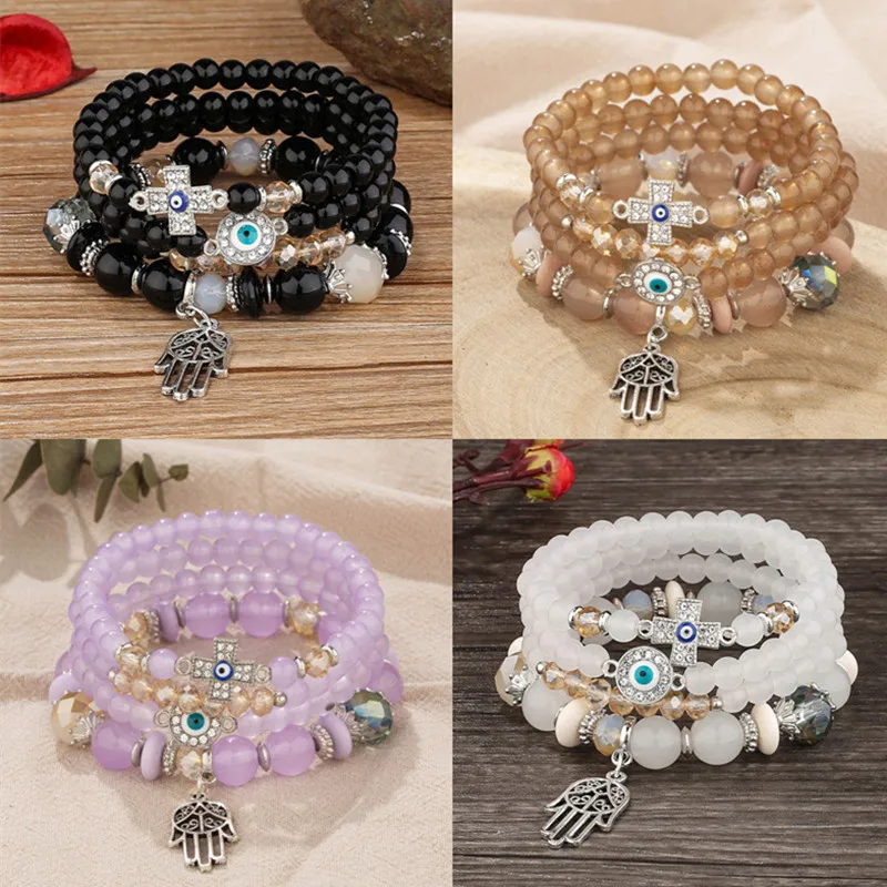 Fashion 4pcs /set Handmade Beads Bracelet Sets Jewelry For Women Eye Hands Charming Bracelet Elastic Bracelets Women's Accessory