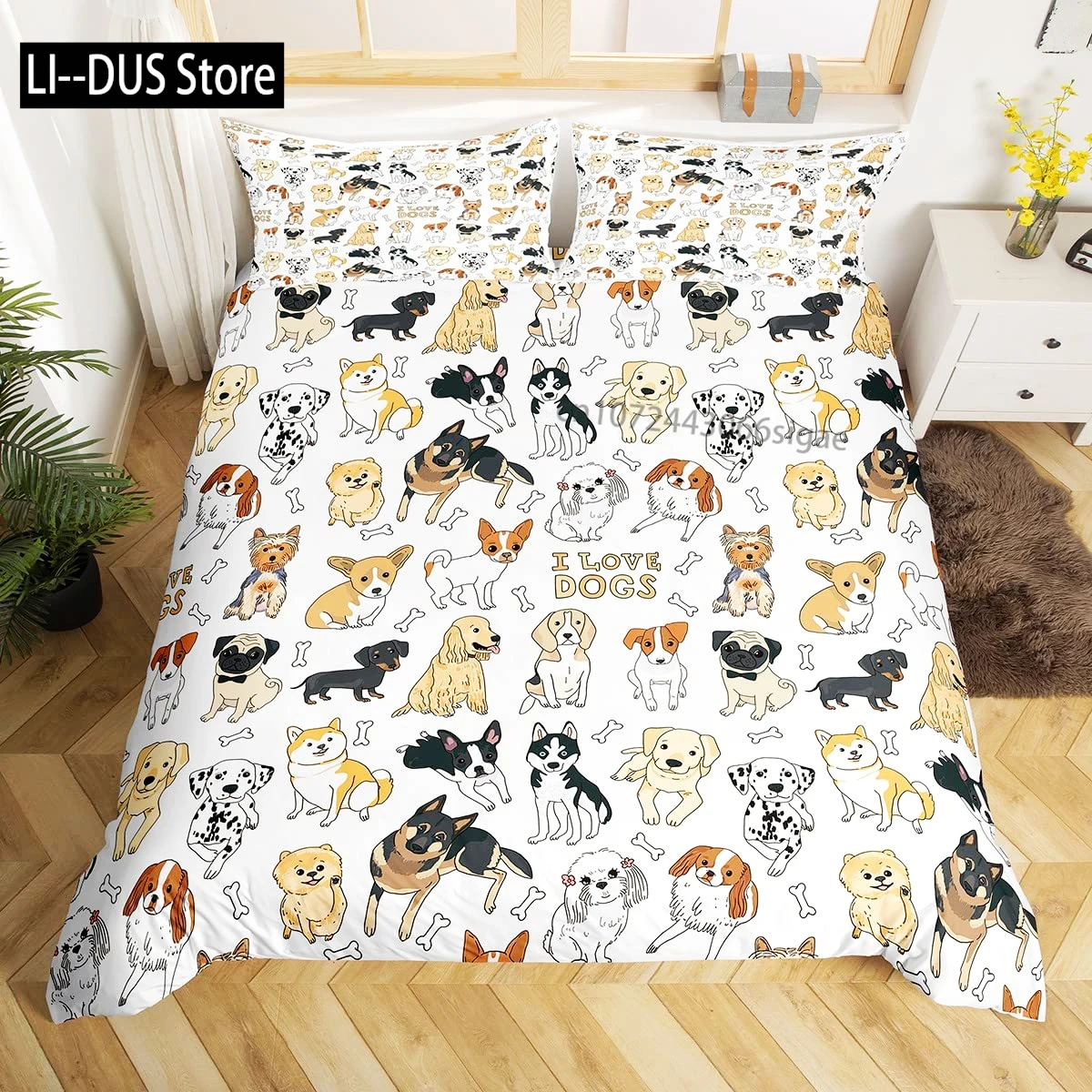 

Little Corgi Cartoon Hearts Background, Dog Lover Bedding Set, 3 Piece Decor Quilted Cover with 2 Pillow Shams, Queen Full Size