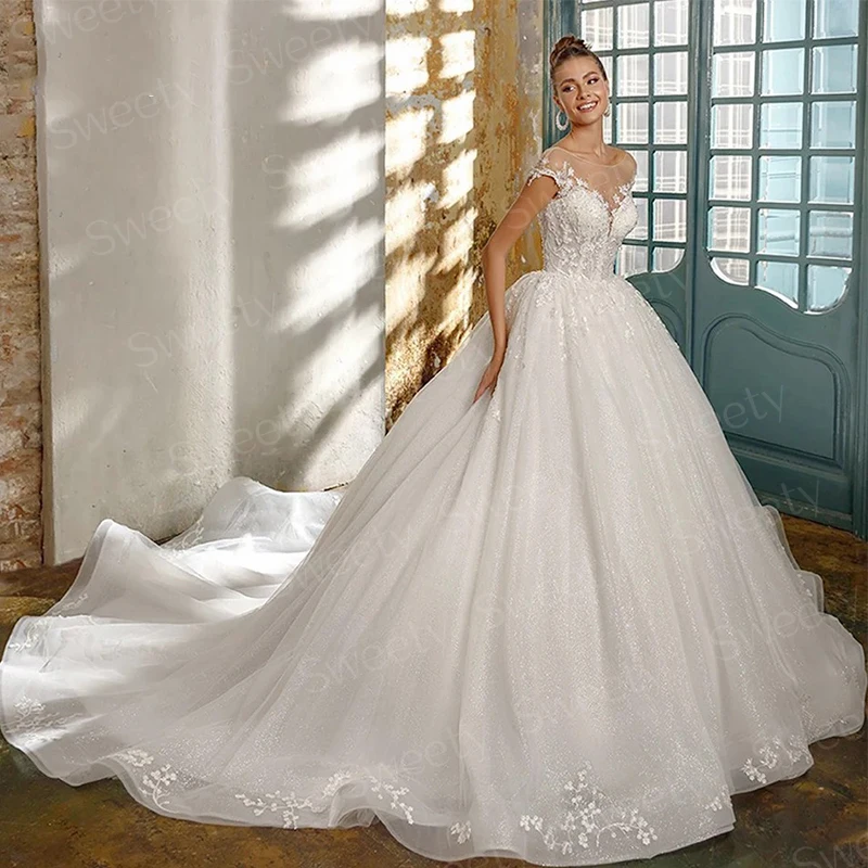 Robe de Mariée Glamour en Dentelle Brodée sur Filet, Tenue de Princesse Chic à Manches sulf, Col Bateau, pour Patients