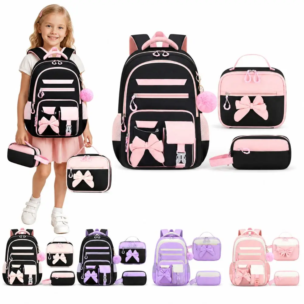 3PCS Cartoon Backpack,lunch Bag,Pencil Case Set Large Capacity Waterproof Bow-knot Schoolbag Set Lightweight Oxford Cloth