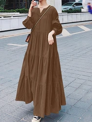 2024 Women's Long Swing Dress Spring and Autumn Long Sleeve V-Neck Ruffle Edge Dress Casual Loose Elegant Cotton and Hemp Dress