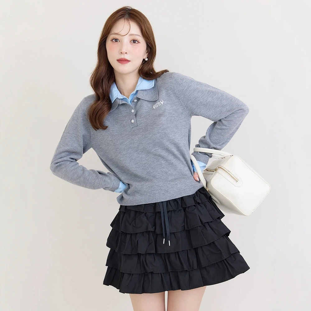 2025 Spring and Autumn Fashion Lady Japanese Style Fake Two-Piece Sweater Women's Polo Collar Knitted Long Sleeve Pullover Top